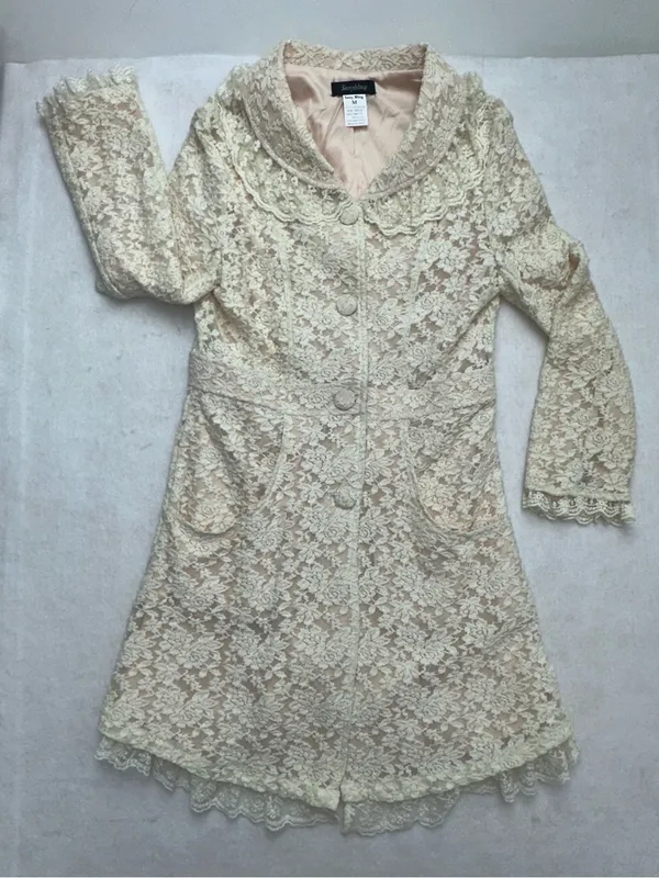 SassyBling Womens Medium Cream Floral Lace Duster Pea Coat Ruffle Coquette - Image 5