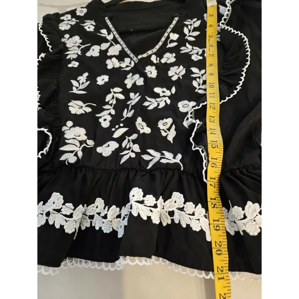 SHEIN Floral Embroidered Peplum Blouse Black V-Neck Ric Rac Top Women Size M - Image 9