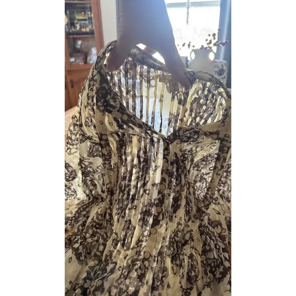 Coldwater Creek Women Small Brown Cream Floral Sheer Button Front Boho Blouse‎ - Image 3