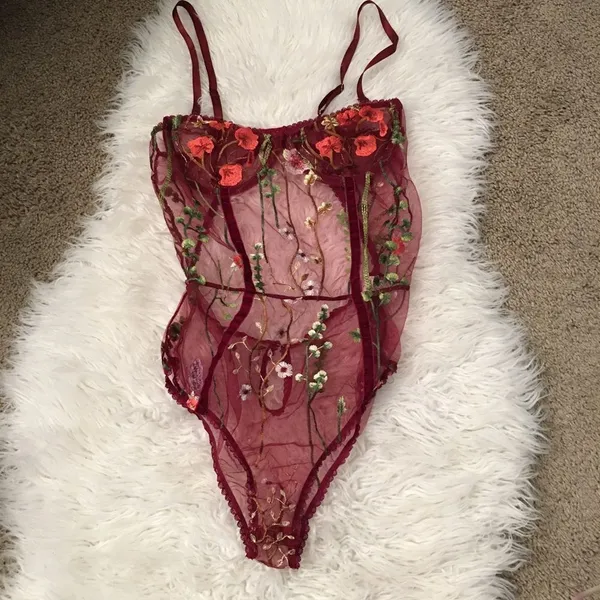 NEW IN PACKAGE! Wine velvet, sheer, embroidered, under wire‎ body suit - Image 2