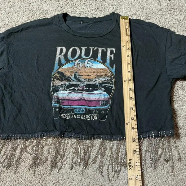 Cropped Route 66 T Shirt‎ Women Rhinestone Fringe Black Graphic Tee Grunge - Image 6