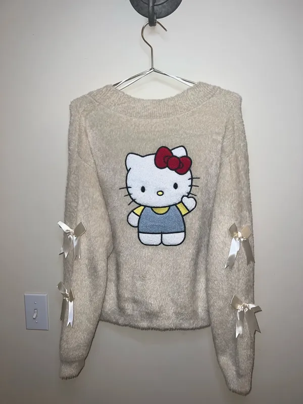 Hello‎ Kitty Bow Sleeve Fuzzy Cardigan Cream Sanrio S/M NWT - Image 2