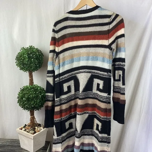 Free People Multi Color Aztec Tribal Print Knit Open Front Duster Sweater M - Image 4