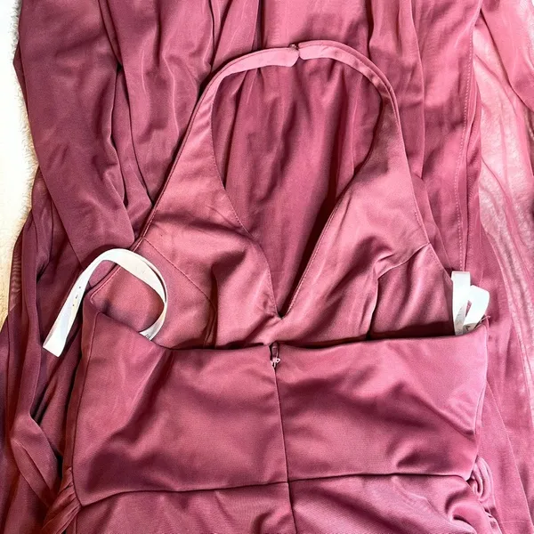 Azazie‎ Cabernet Burgundy Halter V-Neck Rosette Wide Leg Formal Jumpsuit A0 - Image 5