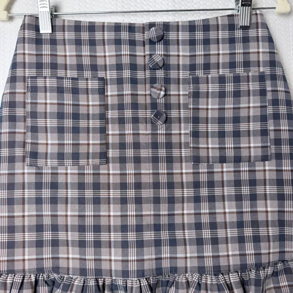 Mooyen Plaid Mini Skirt M Gray Brown School Girl Y2K Academia Ruffle Hem Butt - Image 3