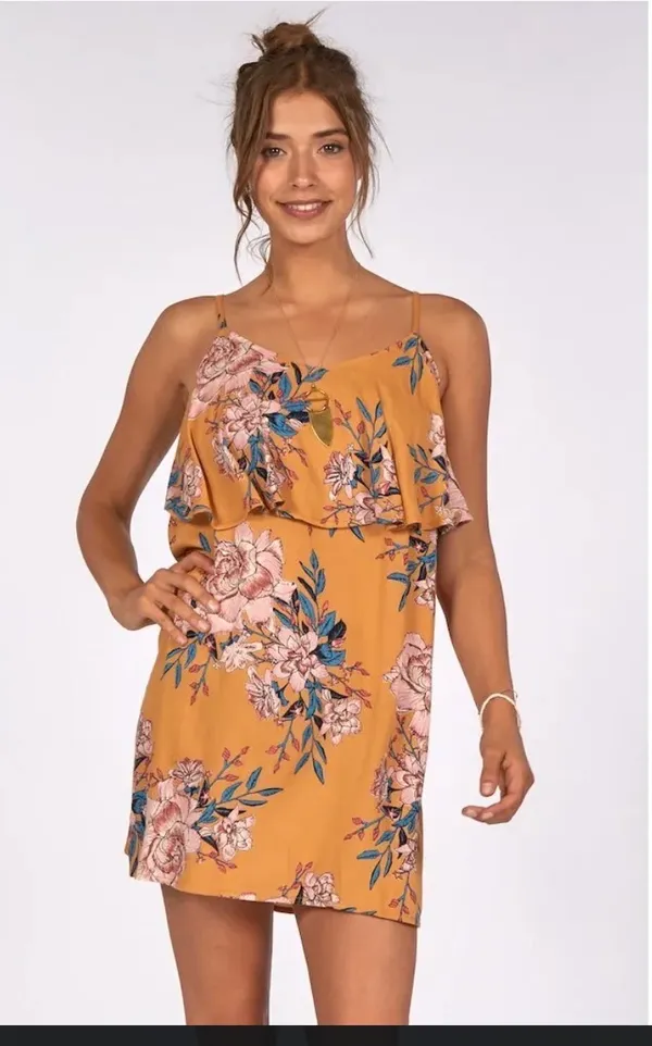 Billabong Floral Yellow Mustard Smocked Granny Dress - Image 2