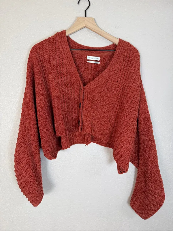 Urban Outfitters Ribbed Cozy Cropped Button Front Cardigan Sweater Burnt Orange - Image 2