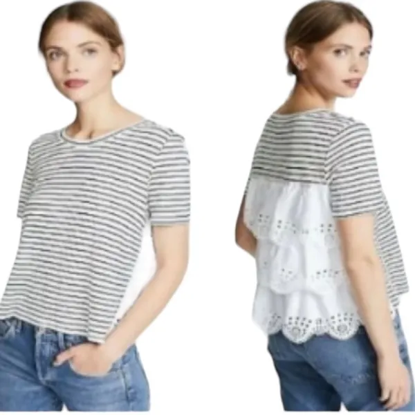 Joie Linen Eyelet Nautical Striped Cottage Scalloped Tiered Short Sleeve Top S - Image 2