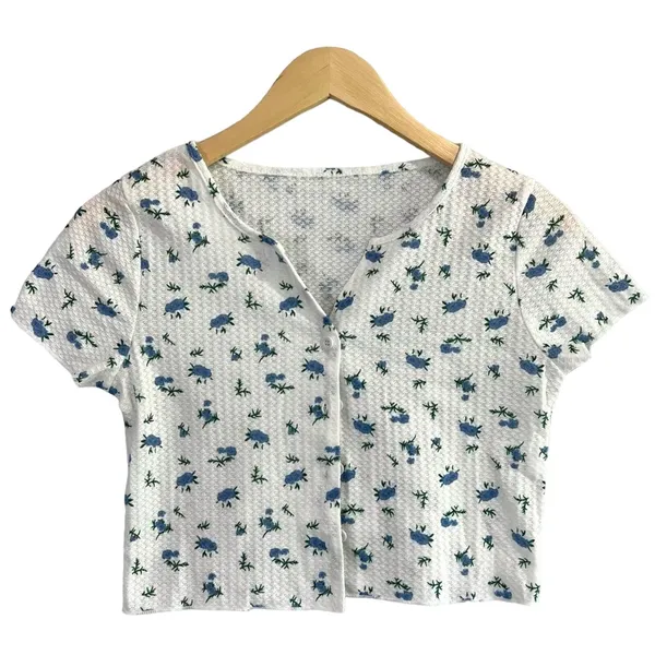 Blue Floral Cropped Button Front Baby Tee Cardigan Top Women's Small Cottage - Image 4