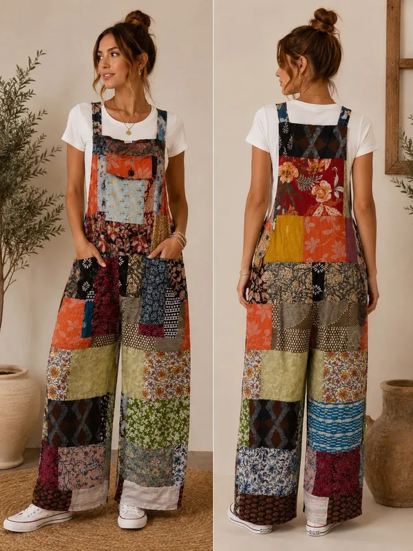 NWT Ashley Taylor Patchwork Colorful Bohemian Adjustable Overalls One Size Red - Image 2