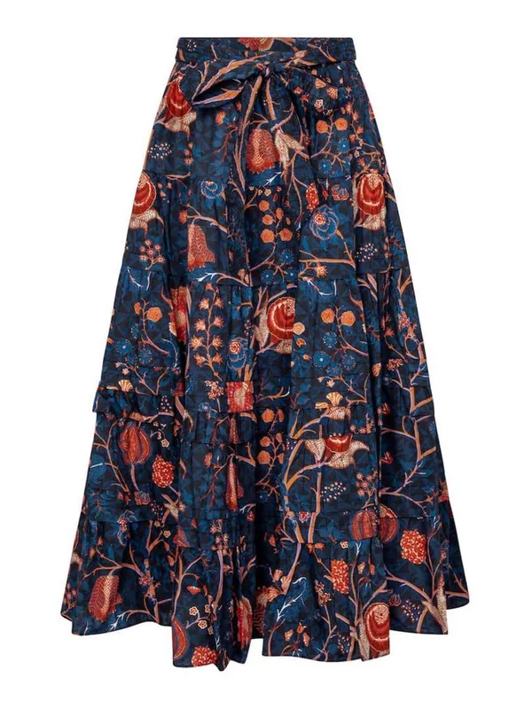 Ulla Johnson Sigrid Tiered Floral Midi Skirt Cotton Women’s 6 Navy - Image 2