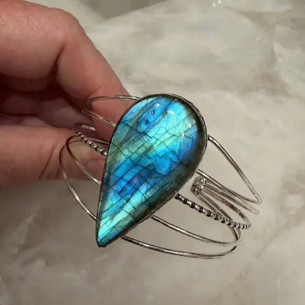 Large Labradorite Cuff Bracelet Silver Plated Blue Flash Adjustable - Image 5