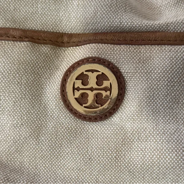 Tory Burch Shoulder Bag Canvas Leather Gold Logo Handbag Ladies Natural/Brown - Image 2