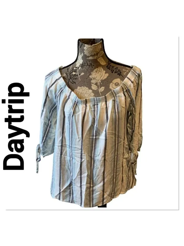 DAYTRIP Blue & White Striped Off Shoulder Blouse size XL - Image 2