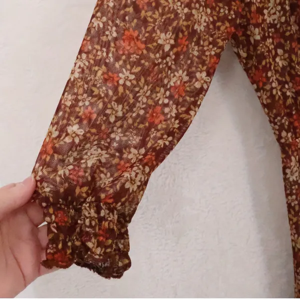 Velvet Torch Floral Mesh Midi Dress Size XS Brown Boho Cottage Tiered‎ Sheer - Image 4