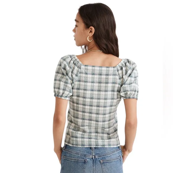 Madewell Plaid Puff Sleeve Ruched Bodice Green White Milkmaid Top Xs - Image 3
