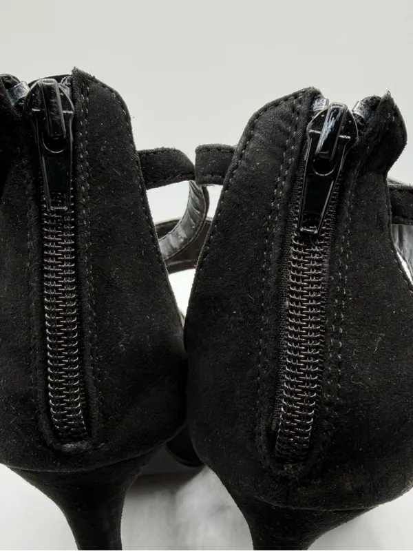 JustFab Kamryn Heels 7.5 Black Strappy Pointed Toe Stiletto Buckle Goth - Image 11