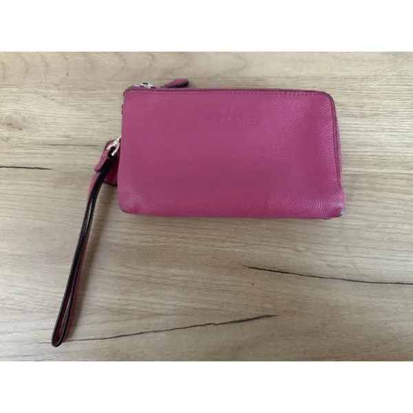 Coach Double‎ Corner Zip Pebble Leather Wristlet Dahlia - F64130 READ F - Image 2