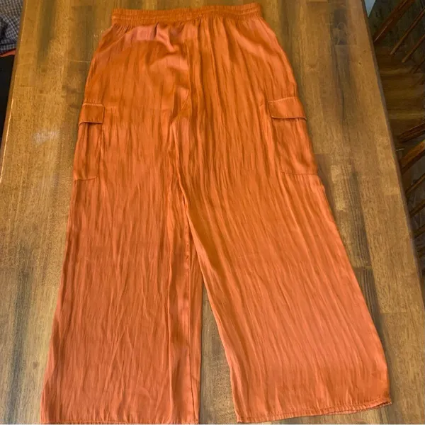Rachel Zoe Trousers Medium Rust Orange Wide Leg Pants Cargo Pockets Drawstring - Image 6