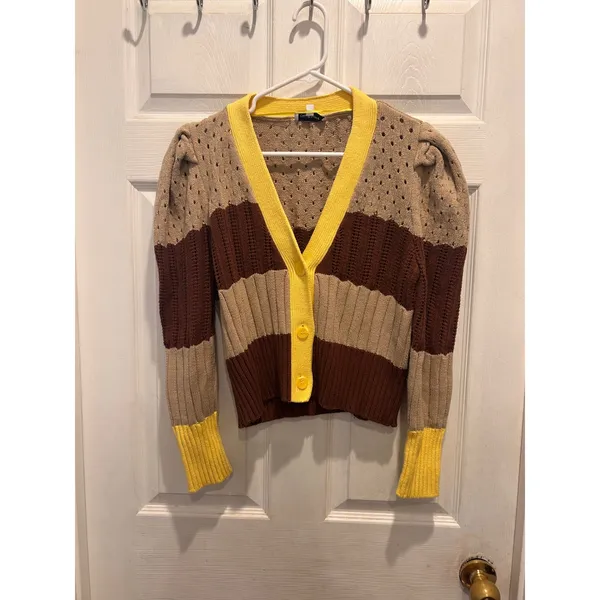 Anthro Calligraphie Womens Striped Puff Sleeve Cardigan Brown Yellow Pointelle L - Image 2