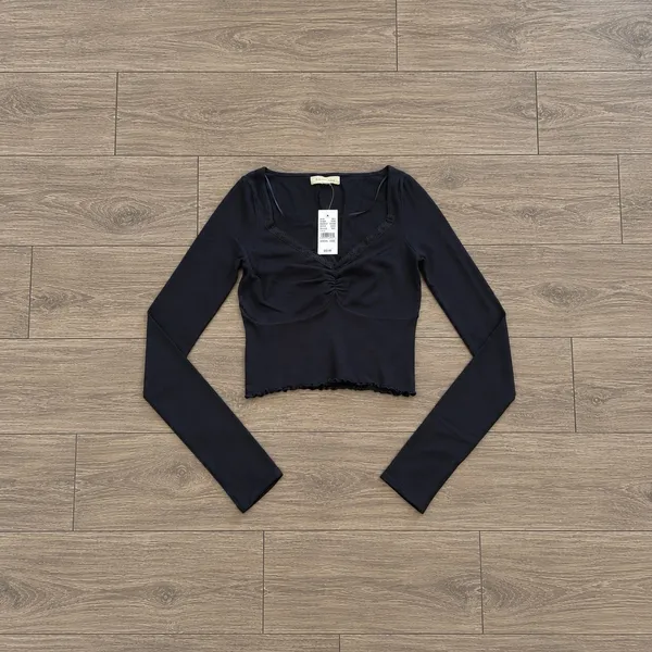 PacSun Navy Blue Ripped Long Sleeve Crop Top - Image 2