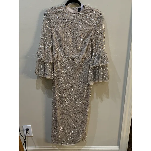 NWT Mac Duggal FULLY SEQUINED TIERED 3/4 SLEEVE MIDI Nude Size 6 - Image 5