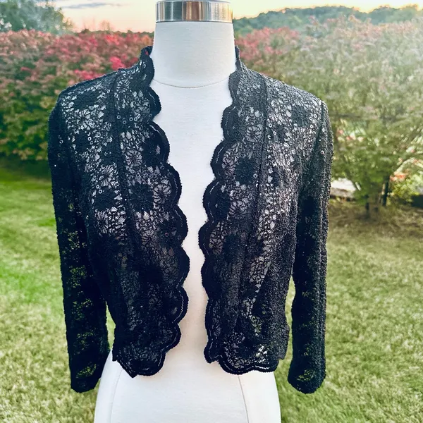 R & M Richards Scalloped Sequin Lace Black Bolero - Image 9