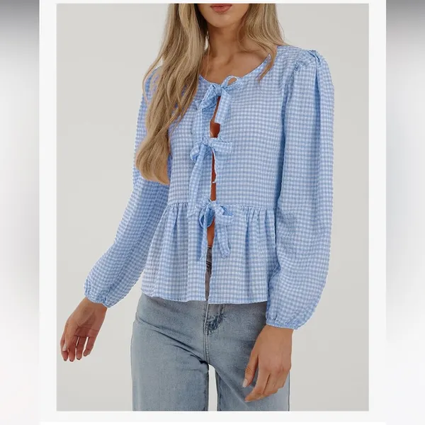 NWOT PRETTYGARDEN Babydoll Peplum Blouse Shirt Puff Long Sleeve Bow Tie Front XL - Image 7