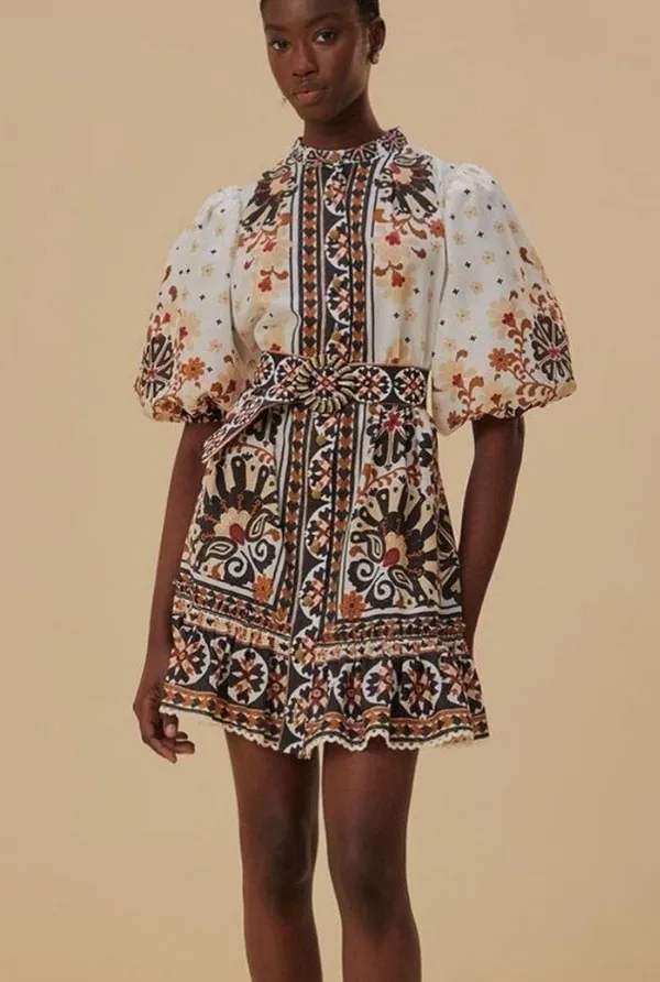 Flower Fan Tapestry Print Puff Sleeve Belted Mini Shirtdress - Image 3