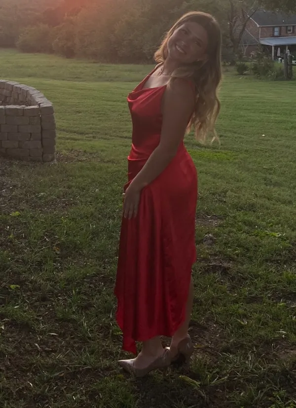 Red Mini/Midi Silk Dress Size M - Image 3