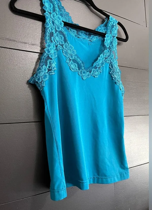 FREDERICK’S OF HOLLYWOOD Blue Silky Lace Trim Cami Tank Top Vintage Sz L EUC - Image 2