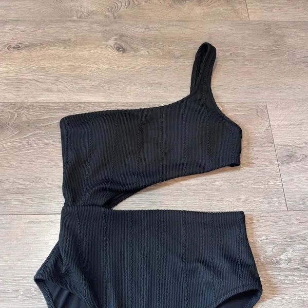 Aerie Black One Shoulder Cutout Textured Ribbed One Piece Swimsuit Size XSmall - Image 3