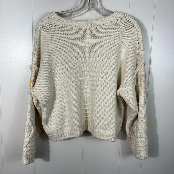 Free People Ivory Cable Knit Fisherman Floral Embroidered Cropped Sweater XL - Image 6