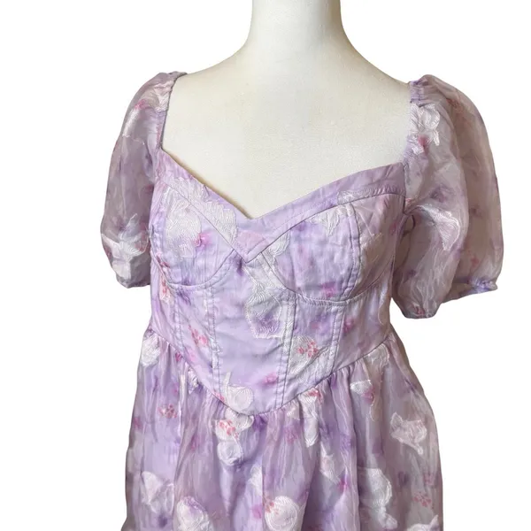 NWT Lulus Darling Behavior Lavender Floral Burnout Puff Sleeve Mini Dress XL‎ - Image 6