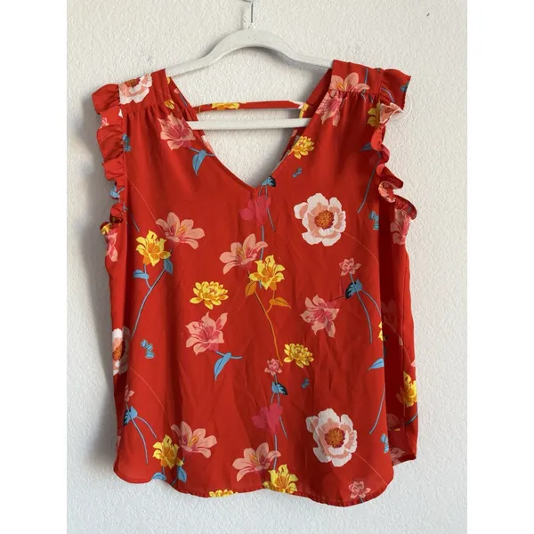 LOFT Women's Orange Red Lily Bar Back Shell Floral Flutter‎ Sleeve Blouse Size M - Image 4