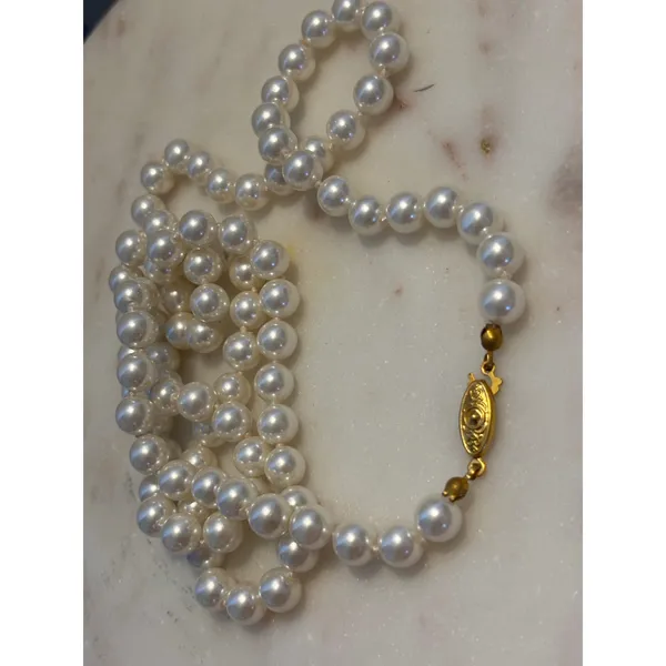 Vintage‎ White Faux Pearl Knotted Strand Necklace Gold Tone Filigree Clasp 24 In - Image 5
