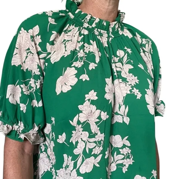 Sienna Sky Floral Blouse Womens Large Green Smocked High‎ Neck Puff Sleeve Top - Image 12