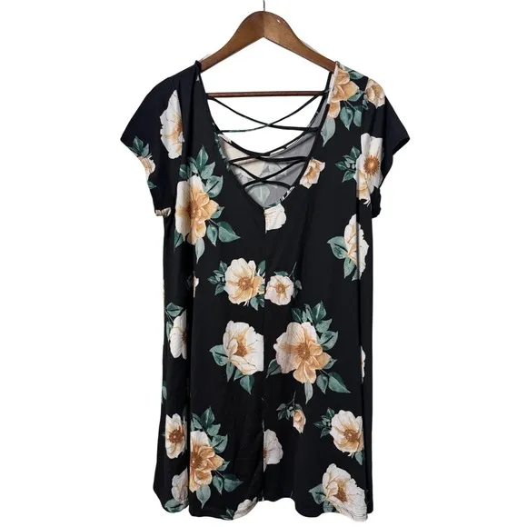 Hearts and Hips Women Size 2X Floral Criss Cross Back‎ A-Line Black Dress - Image 2