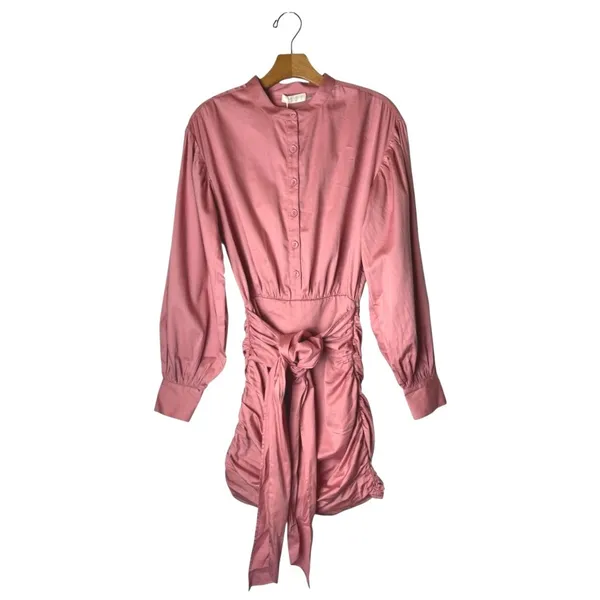 Ramy Brook Dress Women 2 Pink Flirt‎ Lorde Ruched Tie Waist Long Sleeve Mini NWT - Image 2
