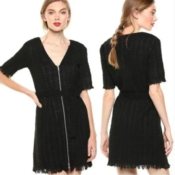 ✨ Bardot Boucle Tweed Zip Front Frayed Hem Dress‎ Medium 8 Black - Image 2