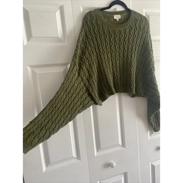 Lena Cropped Cable Knit Sweater Womens‎ Size M Olive Green Dolman Boho Earthy - Image 2
