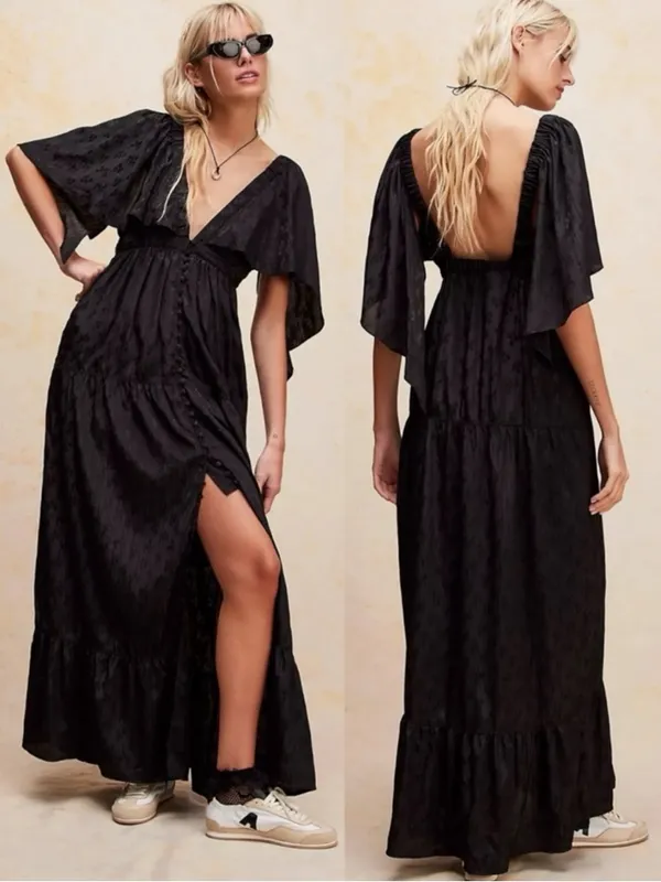 Free People Ethereal Witchy Fairy Cha Cha Maxi Dress Black Medium Bohemian Goth - Image 2