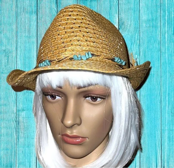 Cute straw fedora with turquoise beaded band! Tan - Image 2
