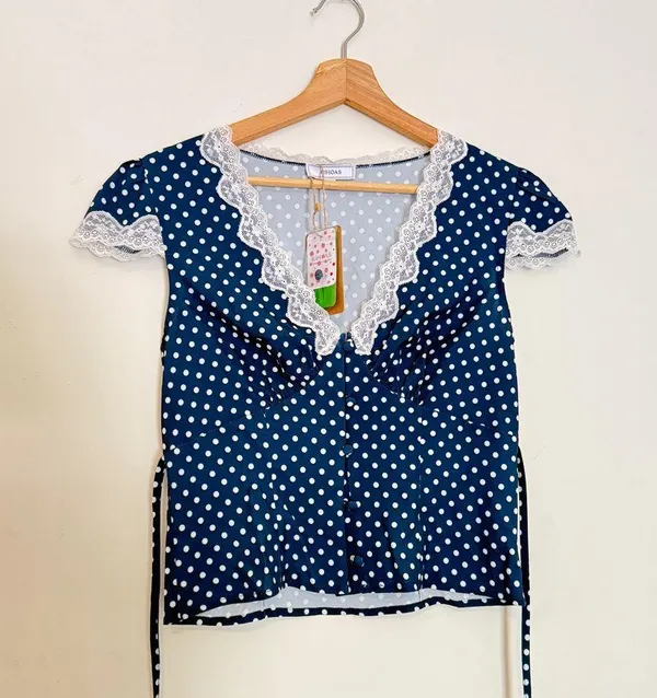 Rihoas Blue Polka Dot Lace Trim Blouse - Image 8