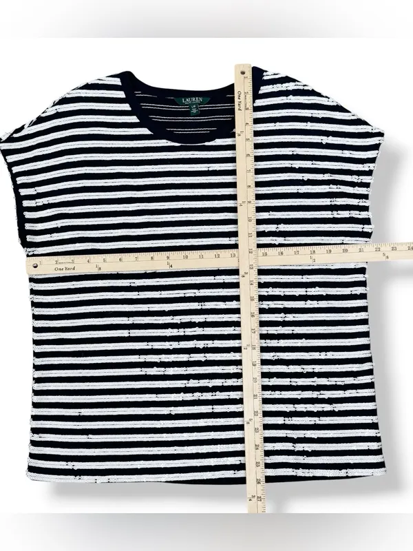 Lauren Ralph Lauren Sequin Striped Cap Sleeve Top Blue White Large Nautical - Image 11