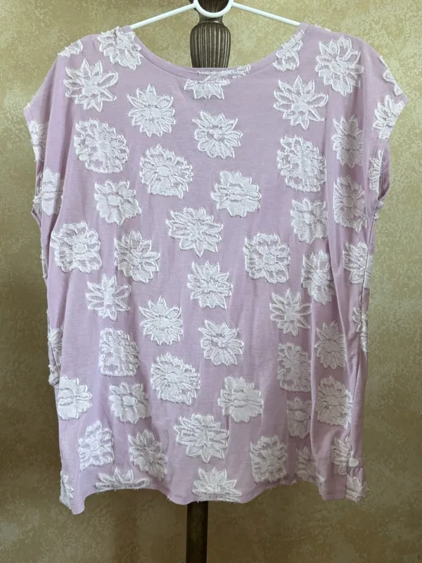 LOFT Lilac Floral Embroidered Short Sleeve Top - Size: medium - Image 3