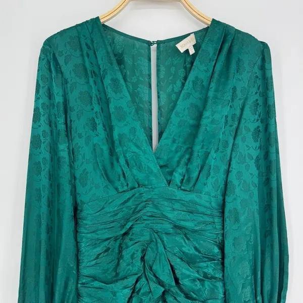 Ronny Kobo Carissa Dress Small Green‎ Silk Blend Ruched Floral Jacquard Cocktail - Image 5