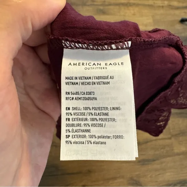American Eagle Outfitters Maroon Lace Ruched Tie Front Ruffled Hem Crop Top - Image 5