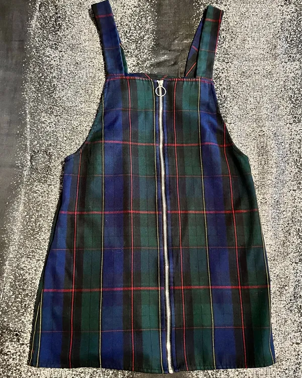 Womens small Forever 21 Plaid zip front pinafore/overall dress-navy/green/red - Image 2