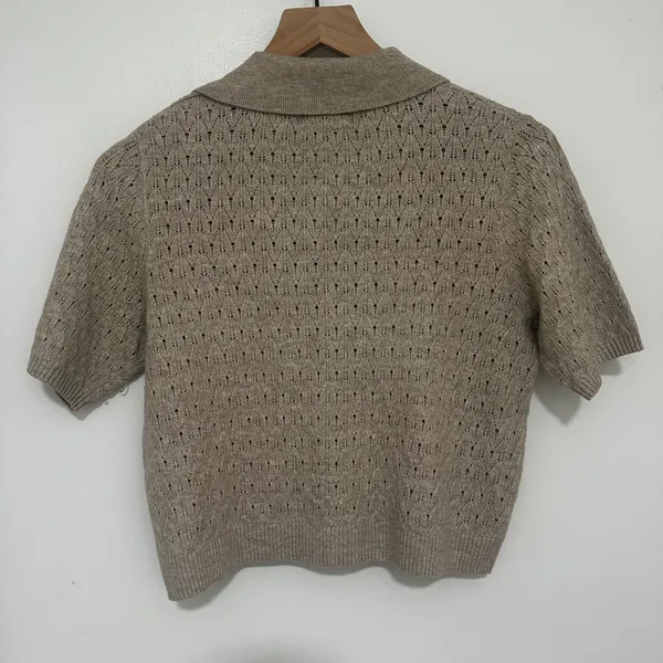 Universal Threads | Oatmeal Pointelle Knit Polo Short Sleeve Sweater Top, XS - Image 2